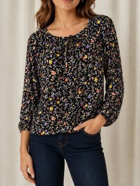 Lauren Ralph Lauren Boho Floral Tie Front Puff Sleeve Peasant Blouse Top Size S